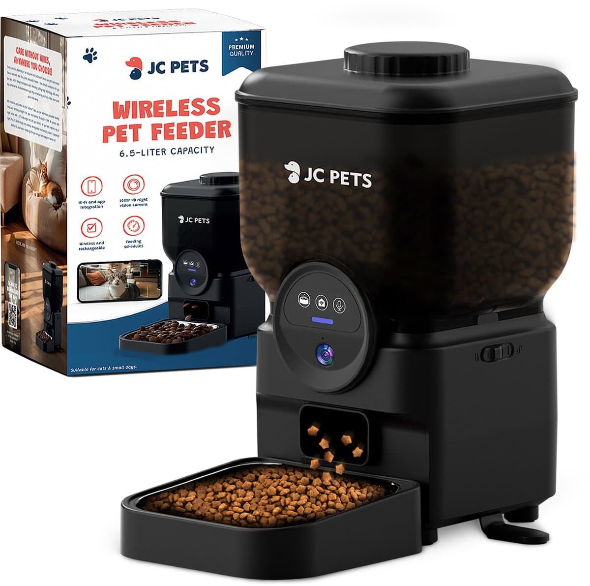 JC Pets Draadloze Automatisch Voederbak voor Kat en Hond - Voerbak dispenser 6,5L met Camera - Oplaadbare Voerautomaat voor Katten en Honden - Automatische Voerdispenser met App & Wifi – HD Camera Night Vision – Mat Zwart