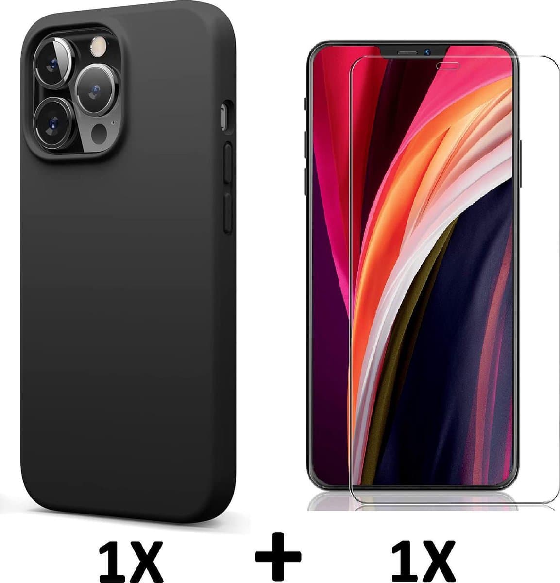 HB Hoesje Geschikt voor Apple iPhone 13 Pro - Zwart / Glazen Screenprotector - Siliconen Back Cover