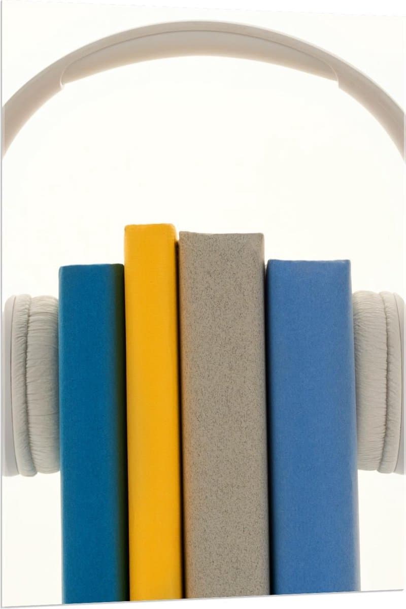 Acrylglas - Witte Koptelefoon om Boeken - 80x120cm Foto op Acrylglas (Wanddecoratie op Acrylglas)