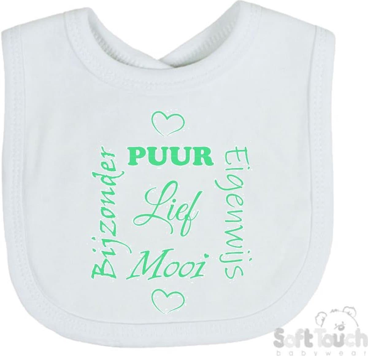 Soft Touch Slabber Slabbetje Slab "Puur Eigenwijs Mooi Bijzonder Lief" Unisex Katoen Wit/mint Maat 33x22 Cm