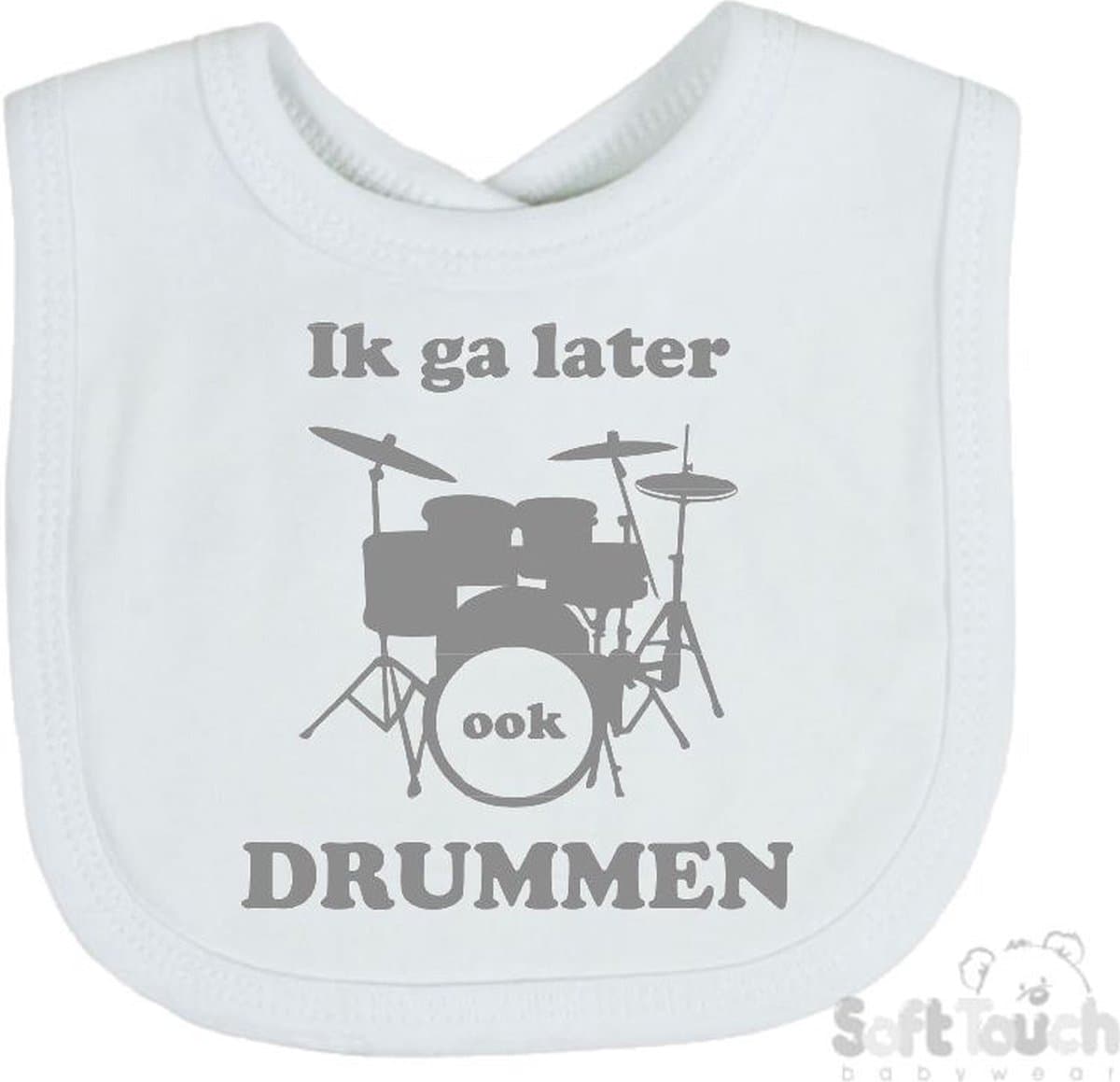 Soft Touch Slabber Slabbetje Slab "Ik ga later ook DRUMMEN" Unisex Katoen Wit/grijs Maat 33x22 Cm