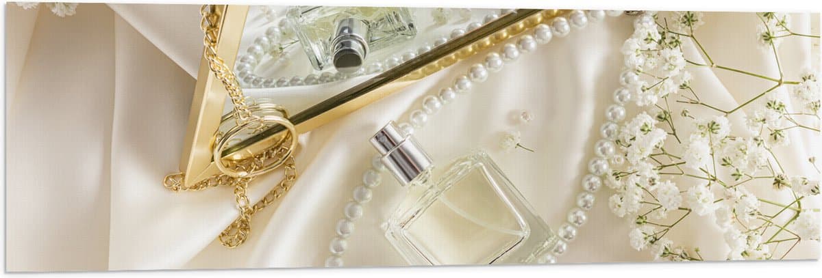 Vlag - Spiegel - Parfum - Ketting - Bloemen - 120x40 cm Foto op Polyester Vlag