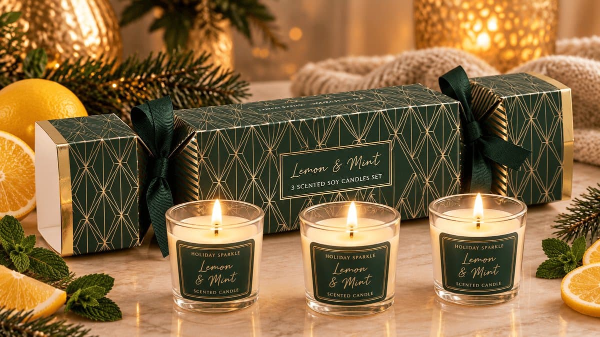 Lemon & Mint Cracker Giftset – 3 Luxe Sojakaarsen – Handgegoten & Natuurlijke Geurcadeaus
