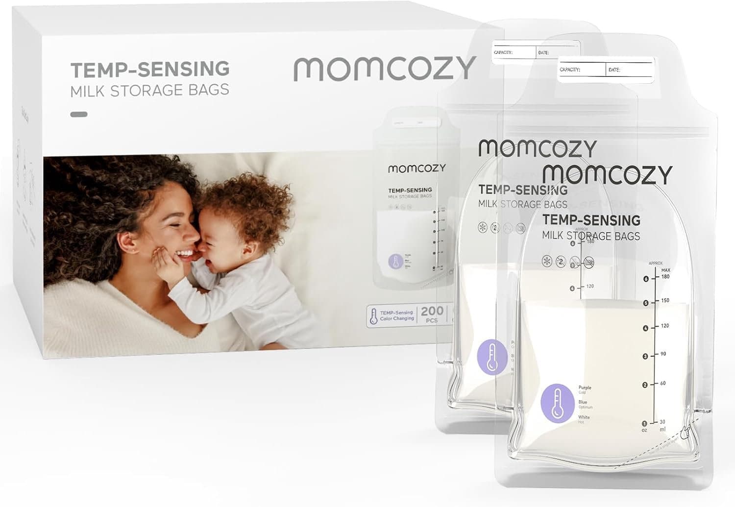 Momcozy 120 stuks wegwerpzakken met temperatuur- en kleurdetectie voor moedermelk met 180 ml vrijstaand, lekvrije melkvriezeropbergzakken