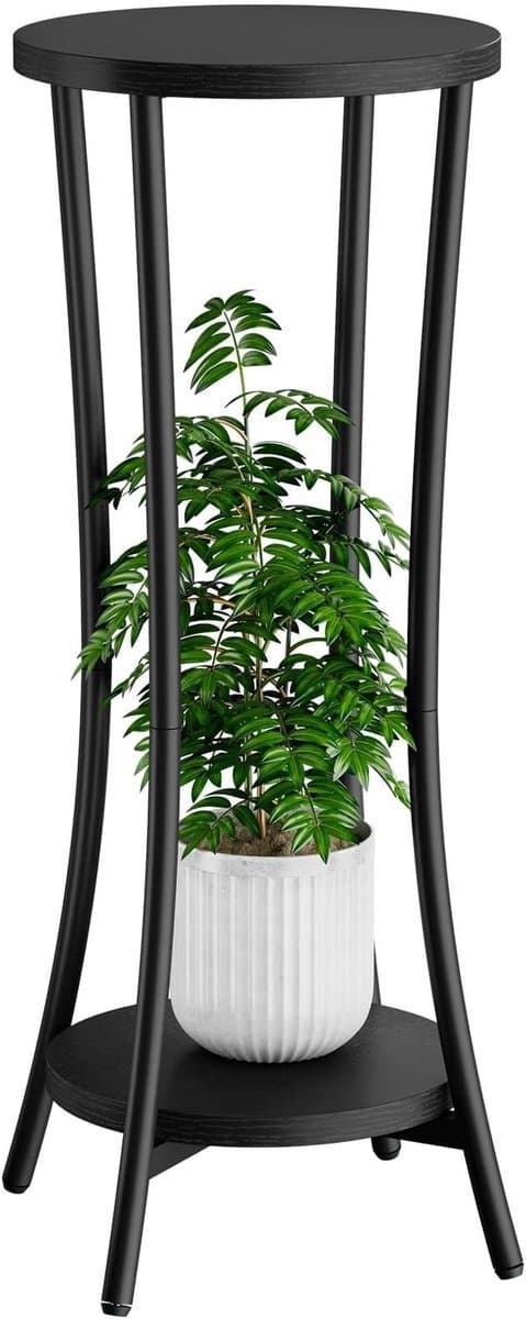 PolkaHome Hoge plantenstandaard binnen 2 niveaus, zwarte metalen hoekstandaard met waterafstotende plateaus voor woonkamer, terras, balkon en tuin