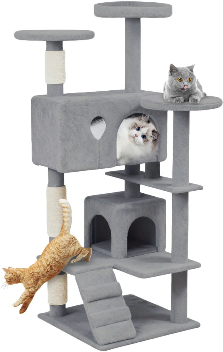 ACXIN Krabpaal 130 cm - met Kattenhuis en Sisalpalen, Lichtgrijs