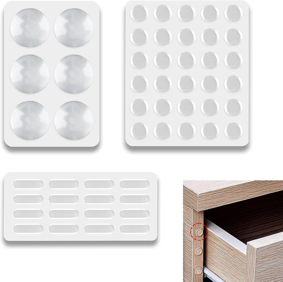 48 Stuks Elastische Buffers voor Deuren en Kasten, Transparant en Herbruikbaar, Voor Muren, Tafels en Meubels, 3 Maten (30x10mm, Diameter 15mm, Diameter 40mm)