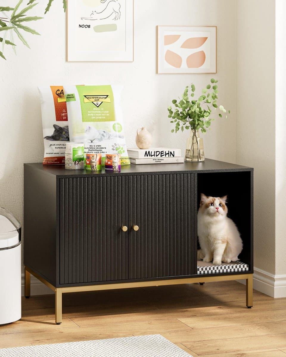 Kavora Kattenhuis - met Dubbele Deuren - Kattenbak Kast - Kattenbak Ombouw - Zwart - 55cm x 50cm x 55cm