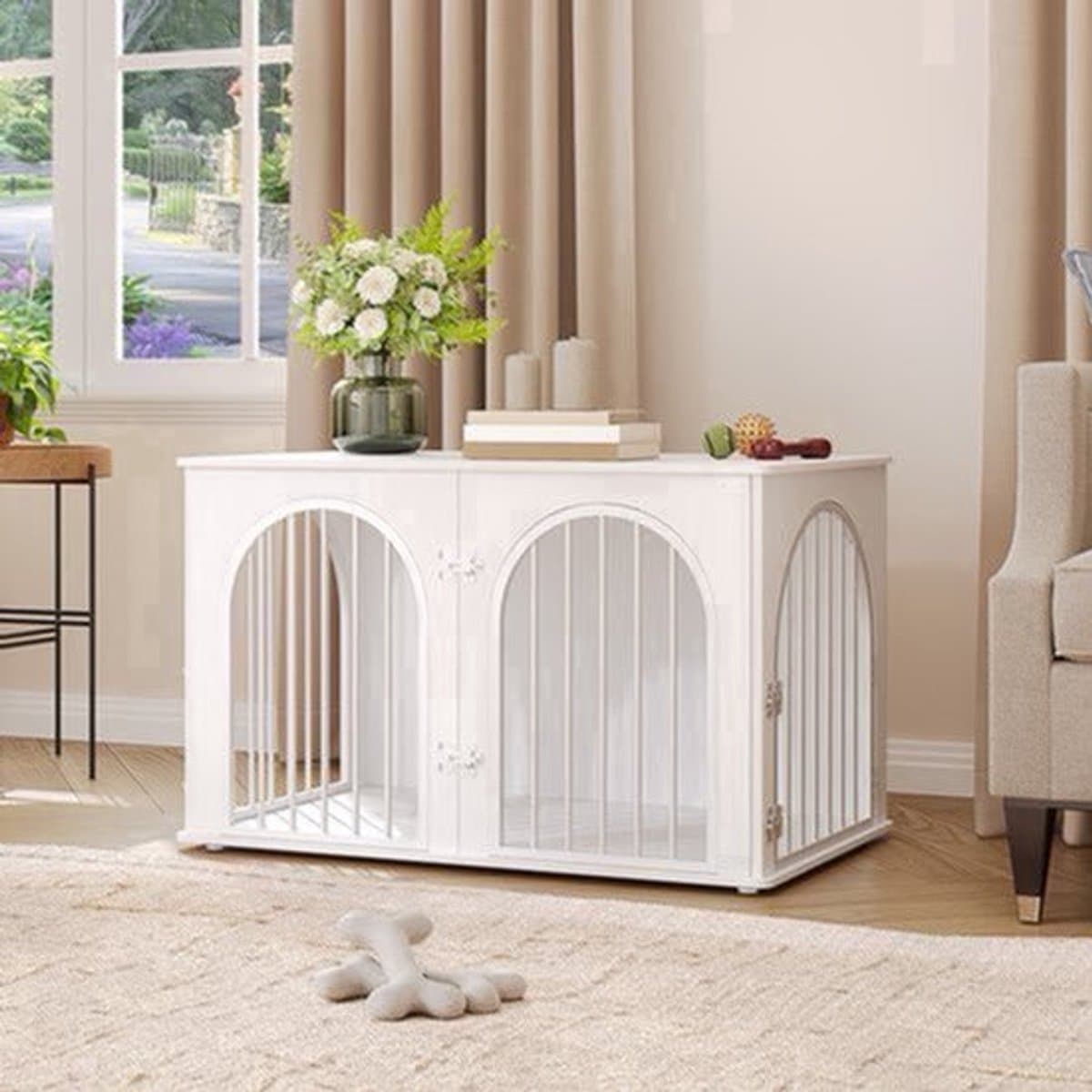 Hondenbench – Hondenkooi – Hondenhok – Hondenkrat – Huisdierkooi – Wit – 100x60x63 cm – Stevig Gelamineerd Hout & Metaal – 3 Deuren Boogvormig Design