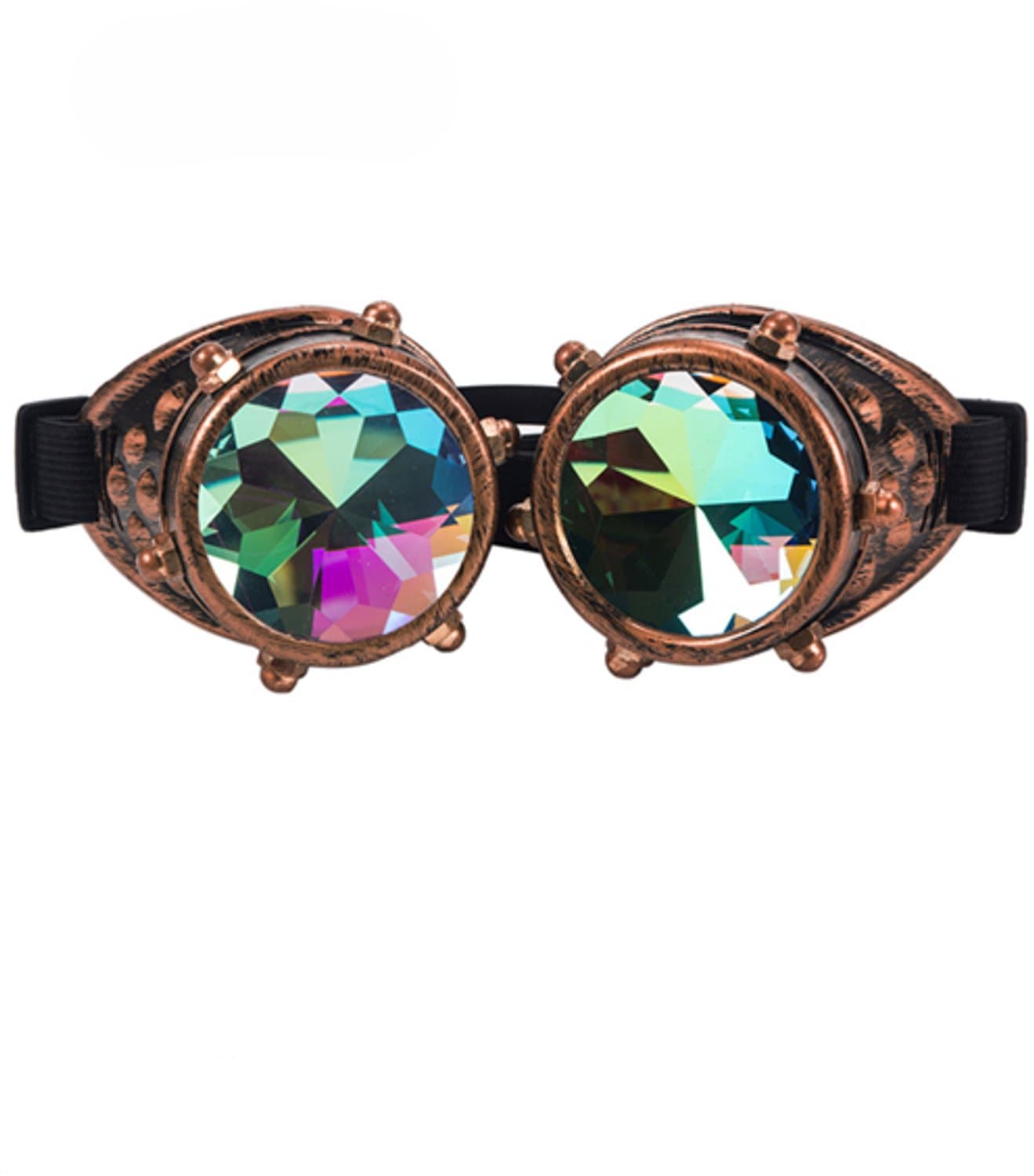 KIMU® Goggles Steampunk Bril Met Studs - Koper Montuur - Caleidoscoop Glazen - Rosé Spacebril Space Caleidoscope Holografisch Halloween