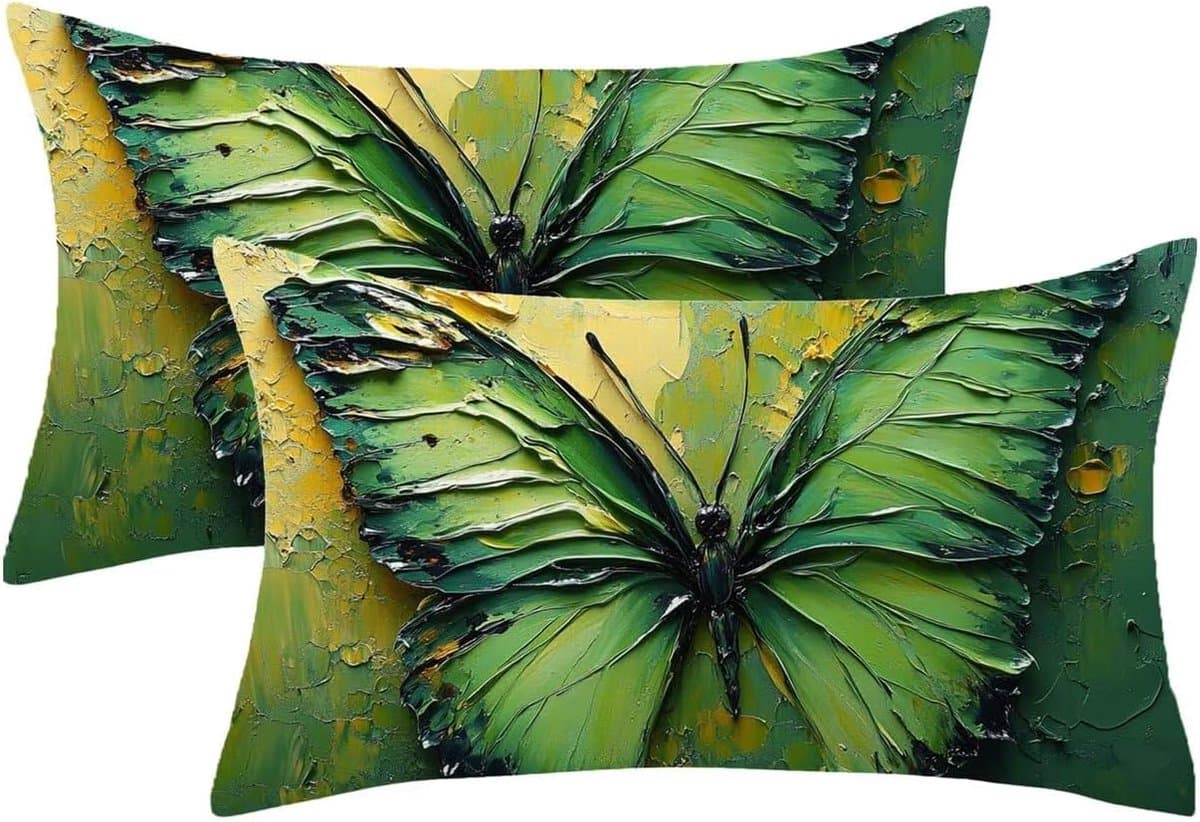 Kussensloop, 60 x 80 cm, 2 stuks, fluweel, groen, vlinderpatroon, kussensloop met onzichtbare ritssluiting, kussensloop voor decoratie, woonkamer, woonkamer, bank, 897p