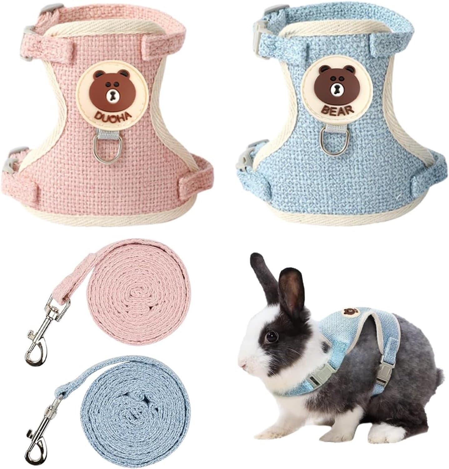 Verstelbare Konijnenharnas en Leash Set van 120 cm in Roze en Blauw voor Comfortabel Wandelen