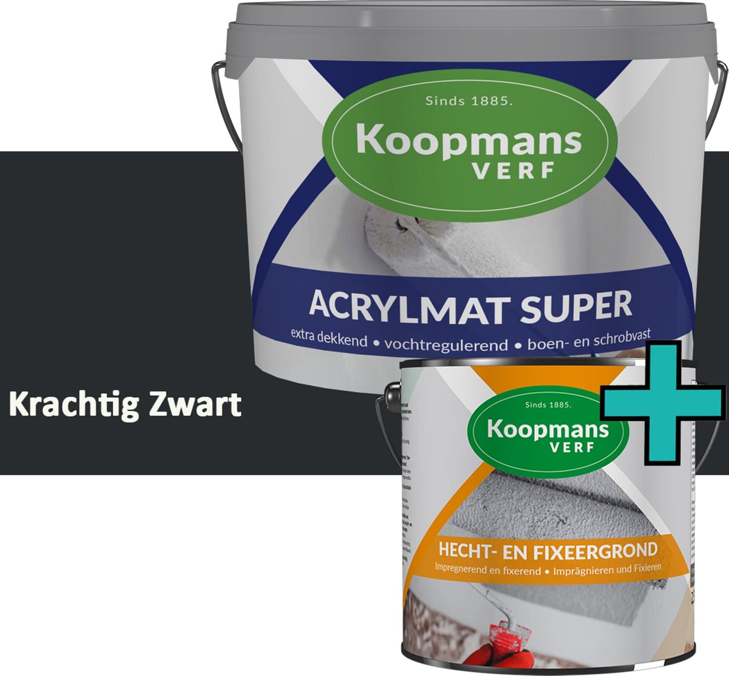 Koopmans Hecht- en Fixeergrond + Acrylmat Super Muurverf Set – Voorstrijk & Matte Muurverf - Binnen en Beschut Buiten - Krachtig Zwart - 2x - 5 l