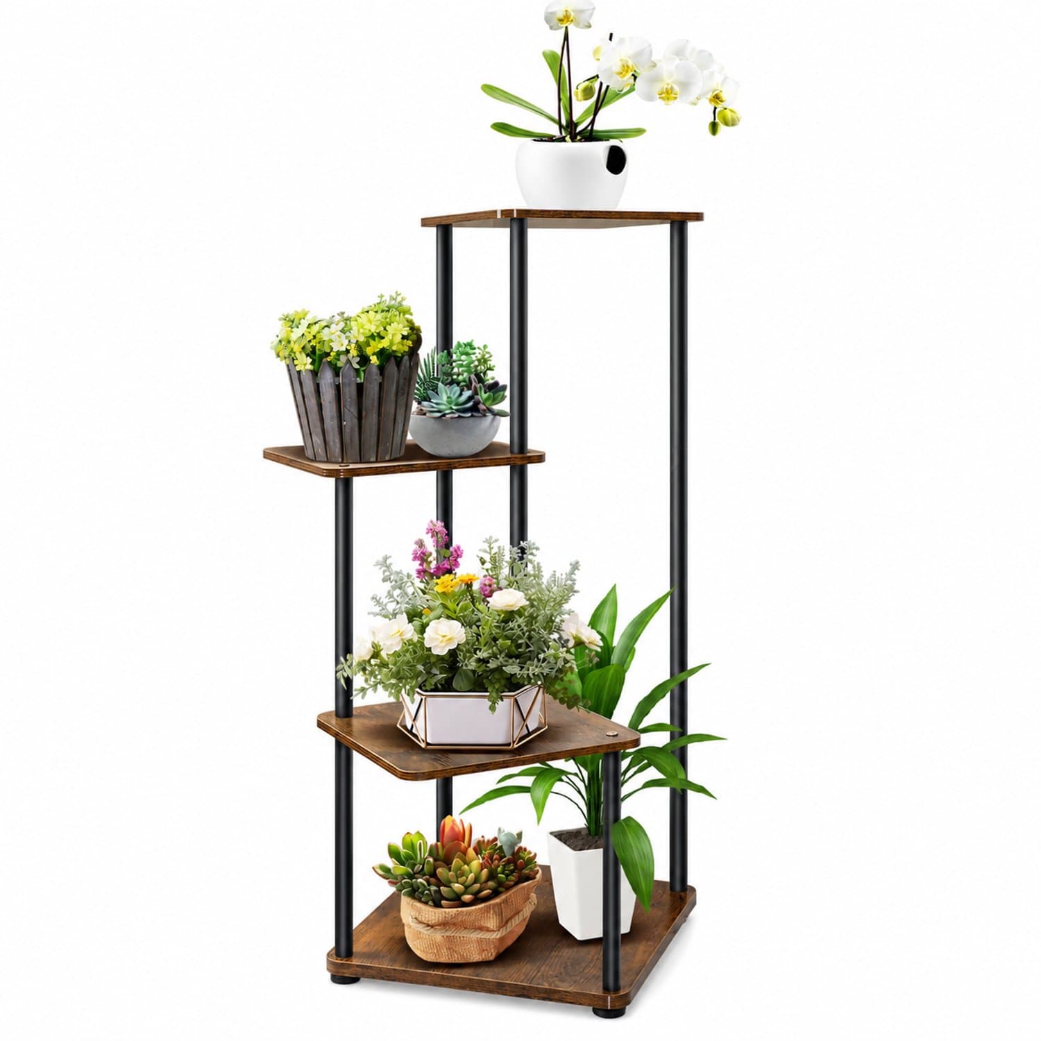 Nyoz 4 laags plantenstandaard - Plantenrek - Bloemenstandaard - 80 cm - Hout & metaal - 4 plateaus - Voor binnen & buiten
