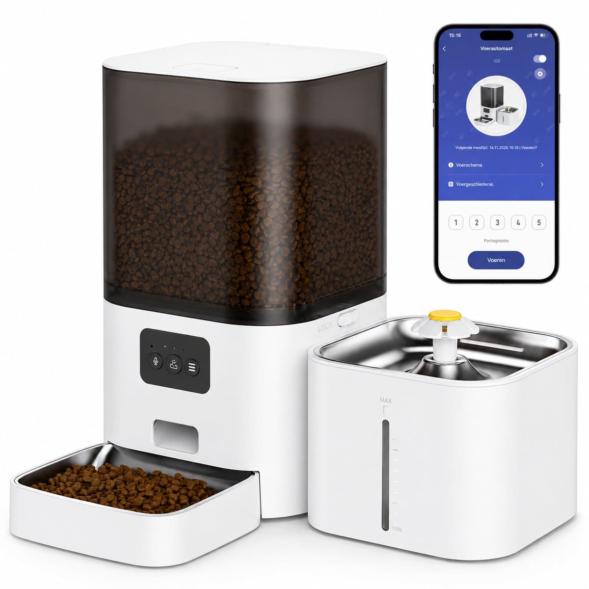 DPLUNIQ Waterfontein kat - Waterdispenser - Katten - Voerbak - 2 In 1 - Met app - 2.4G Wifi - 6L eten & 2,5L Water - Wit