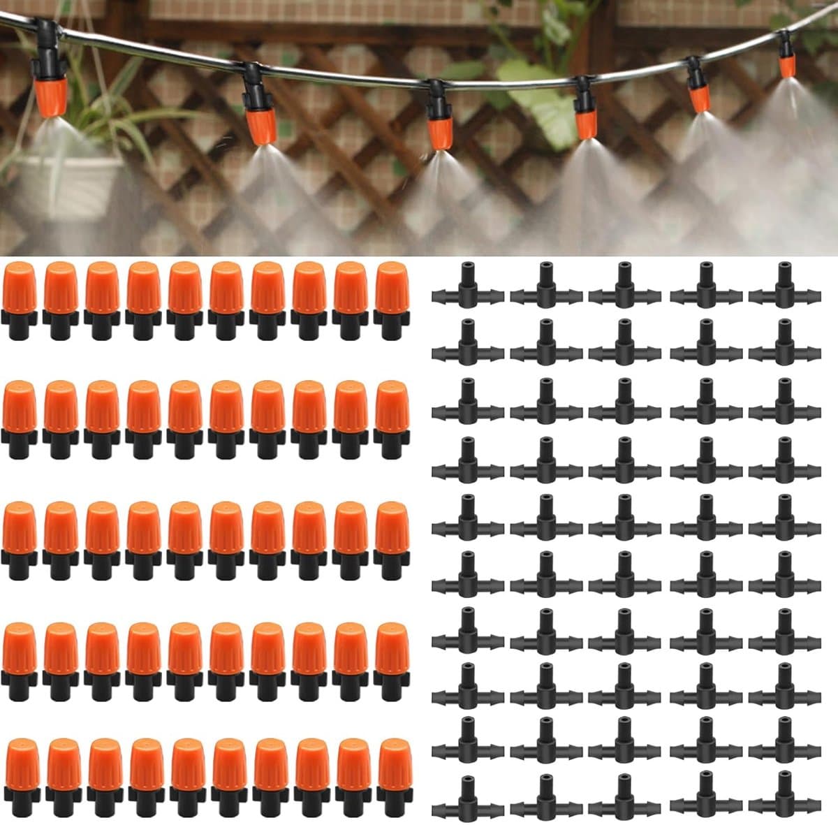 50 stuks druppelirrigatiesysteem emitters, irrigatie druppelaars irrigatie sproeier hoofden, verstelbare flow 360 graden sproeier met T-fittingen voor 1/4 inch druppelirrigatieslang voor kas tuin