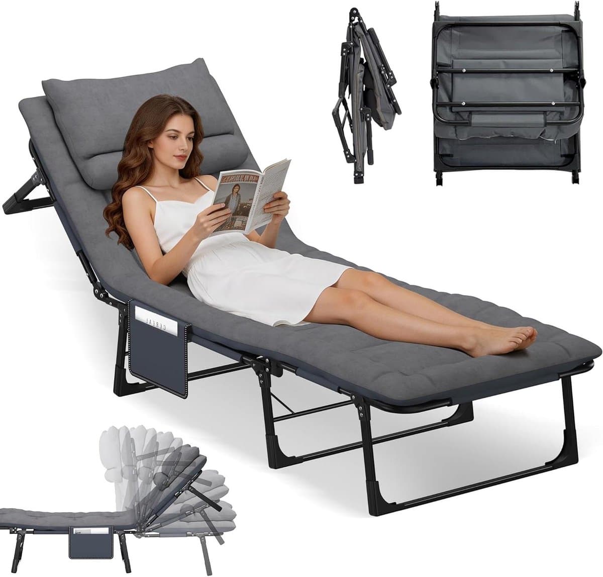 Veldbed Klapbaar - Campingbed XXL - Ontspannen Buiten - Verstelbare Rugleuning - 190x68 cm - Grijs