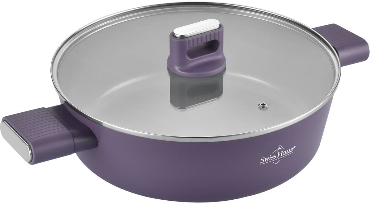 Swiss Haus® SCLC24T Hapjespan Ø24 cm met Deksel – Inductie & Alle Warmtebronnen – PFAS Vrij – 2.8L Braadpan – Antiaanbaklaag – Paars