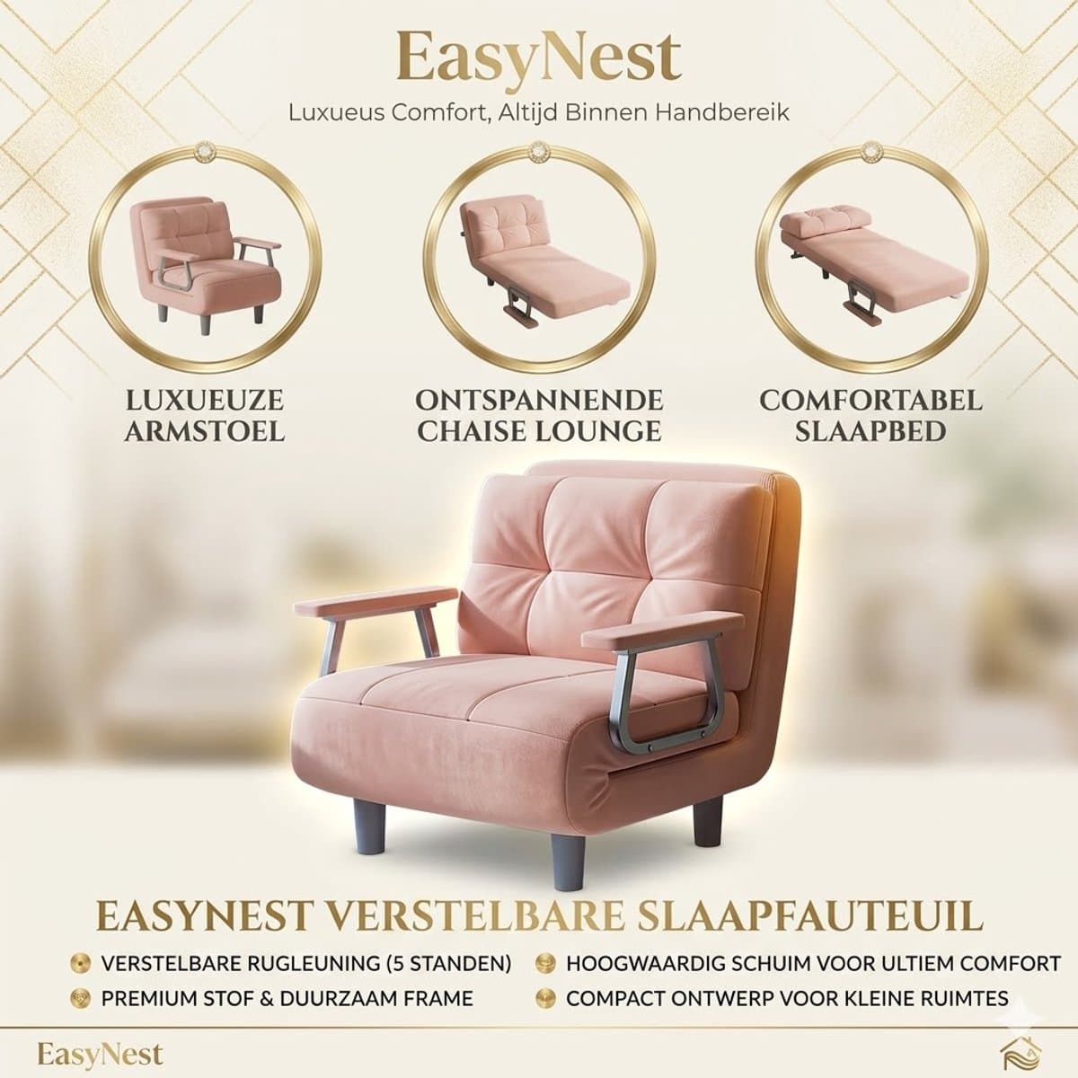 Uitklapbare Slaapstoel 3-in-1 – Fauteuil, Relaxstoel en Logeerbed – Zachte Bekleding met Armleuningen – 63 x 20 x 124 cm