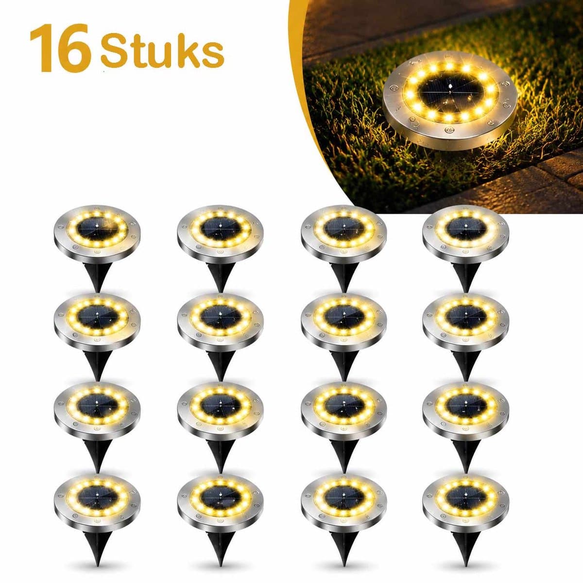 Meedeer 16 Leds Solar Grondspots voor buiten(16 stuks) -Warm wit-RVS Grond Spots op Zonne-energie met 16 LED Spotjes-10 Uur Buiten Verlichting in Tuin-IP65 Waterdicht -Tuinverlichting Lamp op zonne energie-Buitenverlichting Tuinlamp