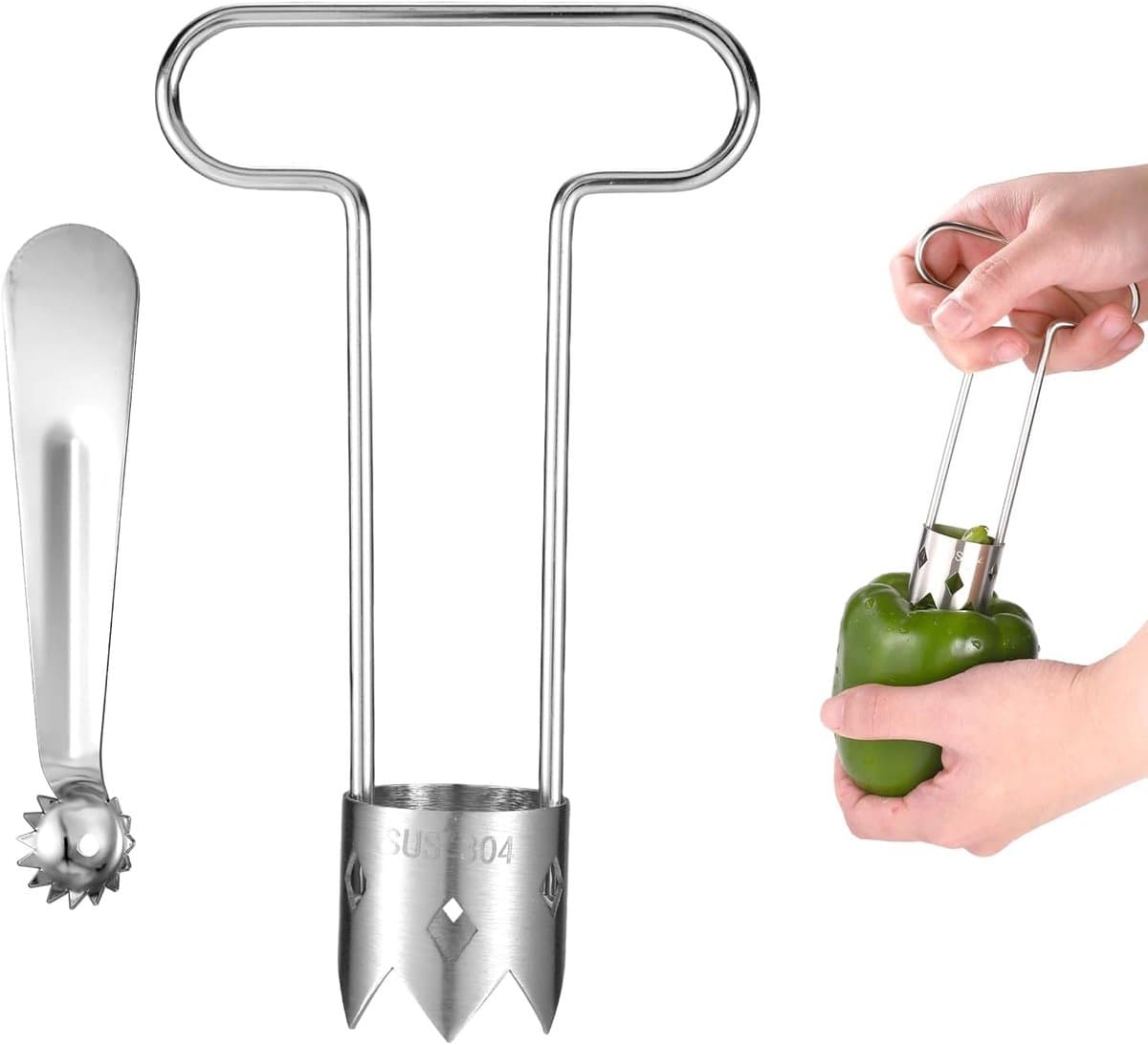 2st Rode Paprika Pit Verwijderaar Set, Roestvrij Staal T-Vorm & Lepelvorm Fruit Groente Steel Verwijderaar Praktisch Keukengereedschap voor Paprika Ananas Peer Appel Tomaat Kern Pit