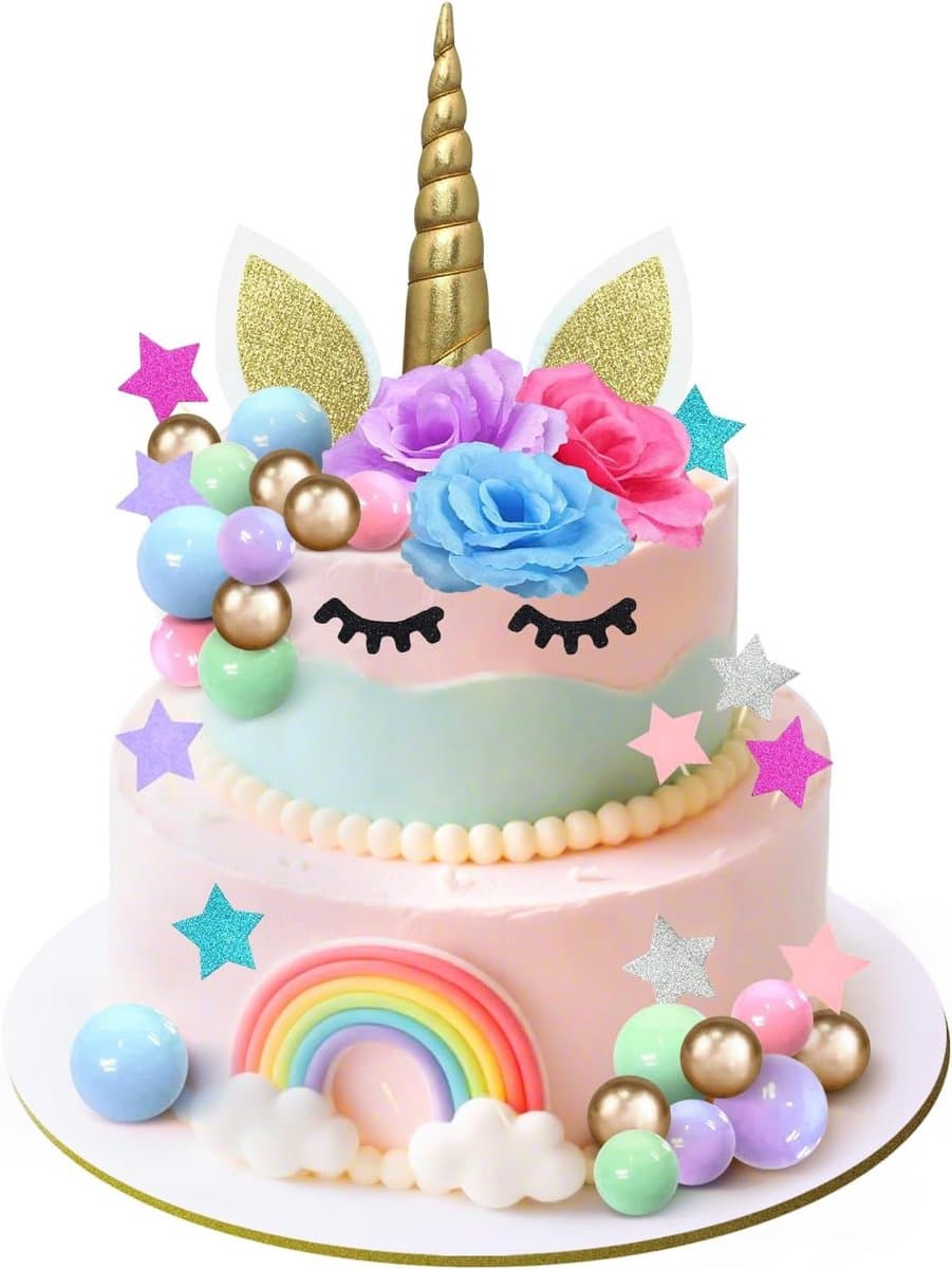 Taartdecoratie eenhoorn 38-delig - Schattige bloemen en sterren - Perfect voor kinderfeestjes - SnelShoppen