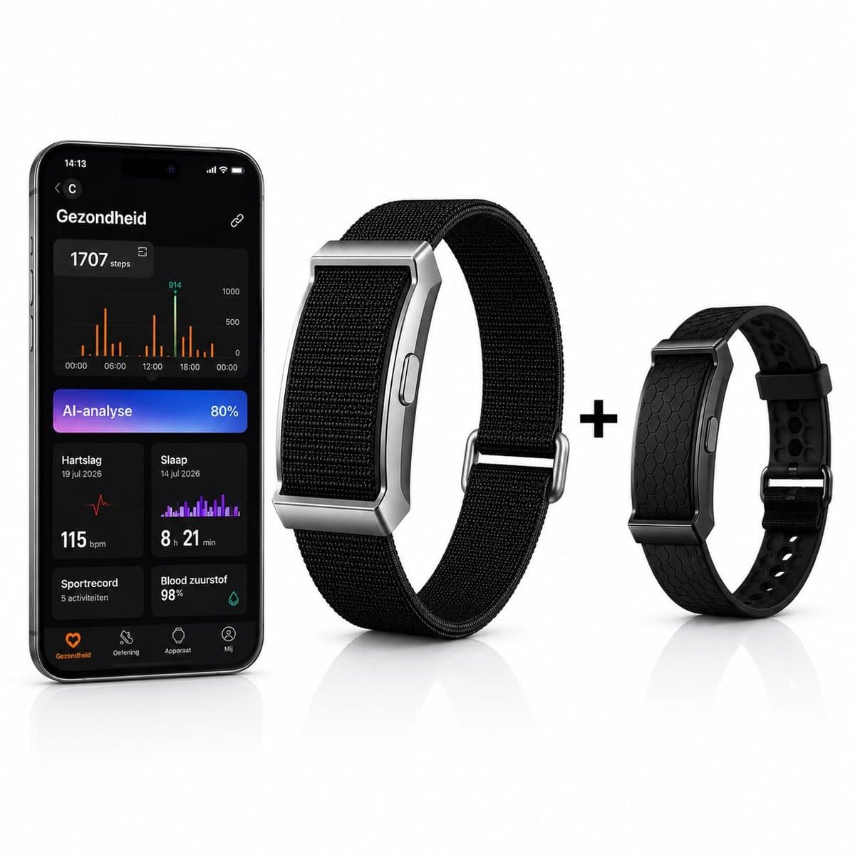 Slimme Armband – Fitness Tracker met Stappenteller, Activiteitentracker, Waterdicht, Externe Fotofunctie – Zwart