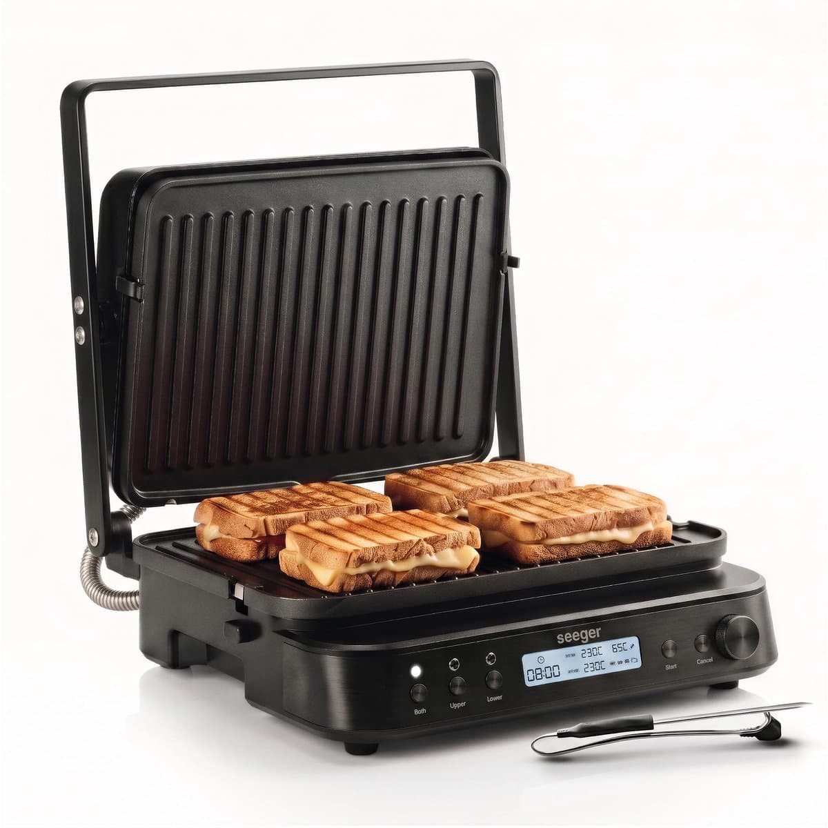 Seeger MultiGrill XL - 3-in-1 Contactgrill, Tosti IJzer en Plancha - PFAS-Vrije Uitneembare Platen - met Digitale Thermometer - Vaatwasserbestendig - Paninigrill