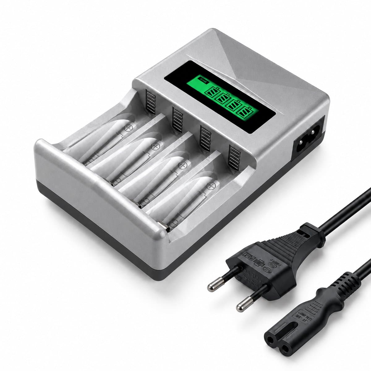 Gloovon® Universele Batterijlader - LCD Statusmonitor & 4 Slots - Ideaal voor Huishoudelijke AA en AAA Batterijen - Zilver