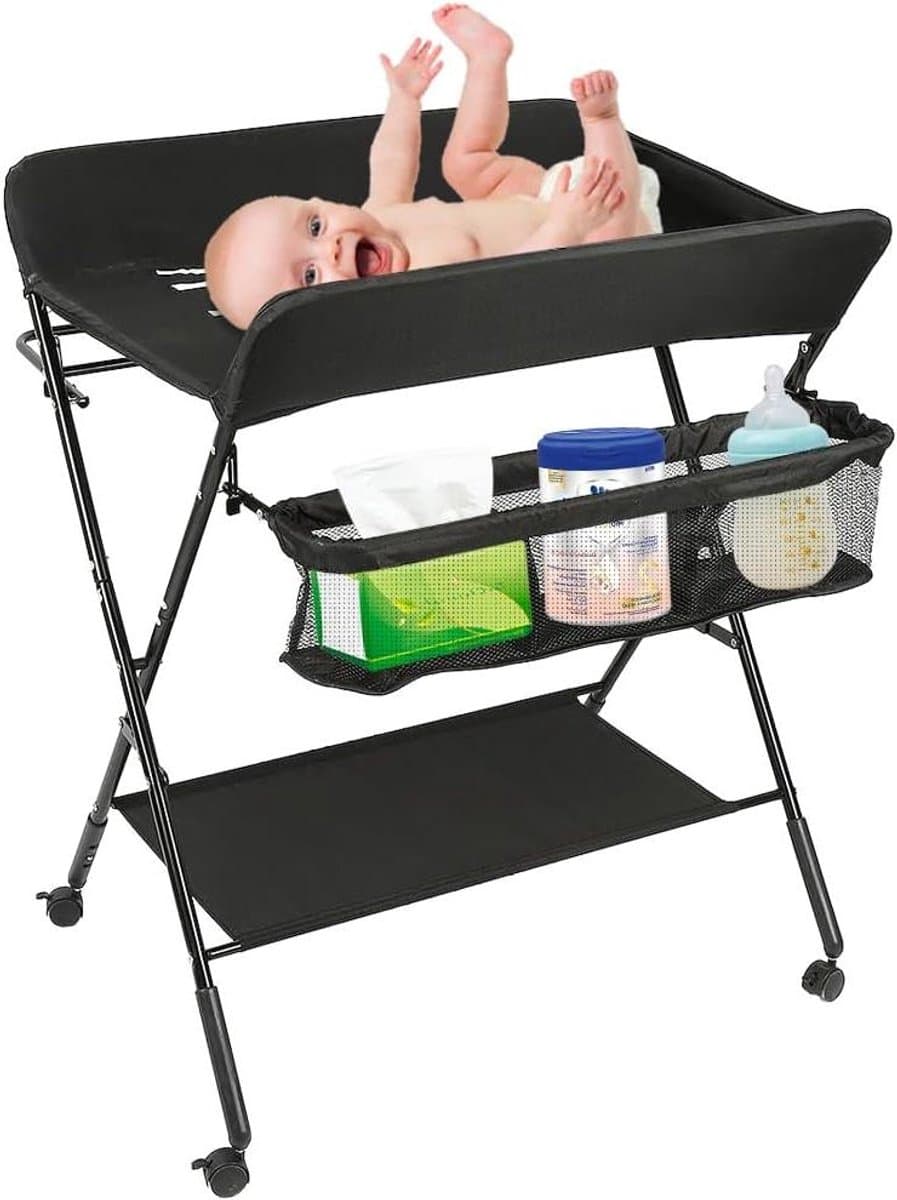 Baby commode - Verzorgingstafel - Baby verzorgen - Inklapbaar en mobiel - 80 x 66 x 98 cm - Zwart