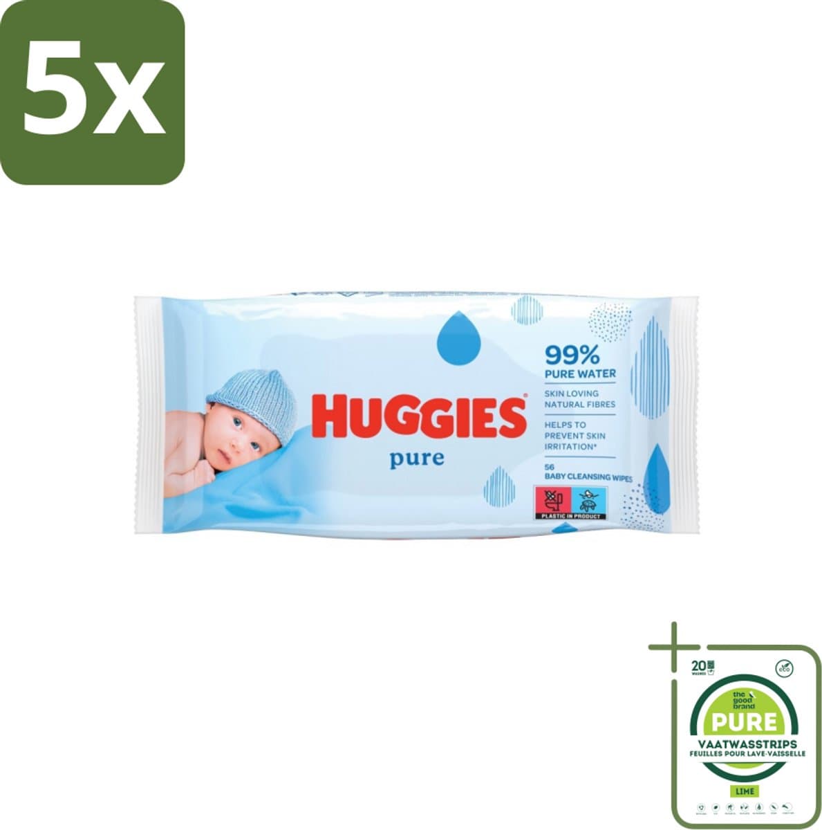 5 x Huggies - Billendoekjes - Pure - Tegen Huidirritaties - 56 Babydoekjes - Grootverpakking - Babydoekjes - Billendoekjes - Zachte Babydoekjes - Hypoallergene Babydoekjes - Babyhuid