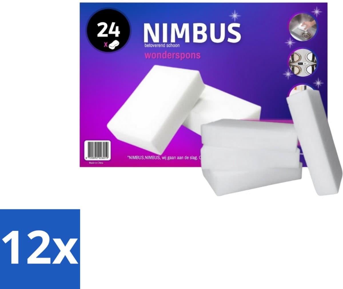 12 x NIMBUS Wonderspons 24 stuks per verpakking - Schoonmaken Zonder Chemische Middelen - Betoverend Schoonmaken - Spons Voor Vlekken - Hardnekkige Vlekken Verwijderen - Waterbasis Schoonmaak