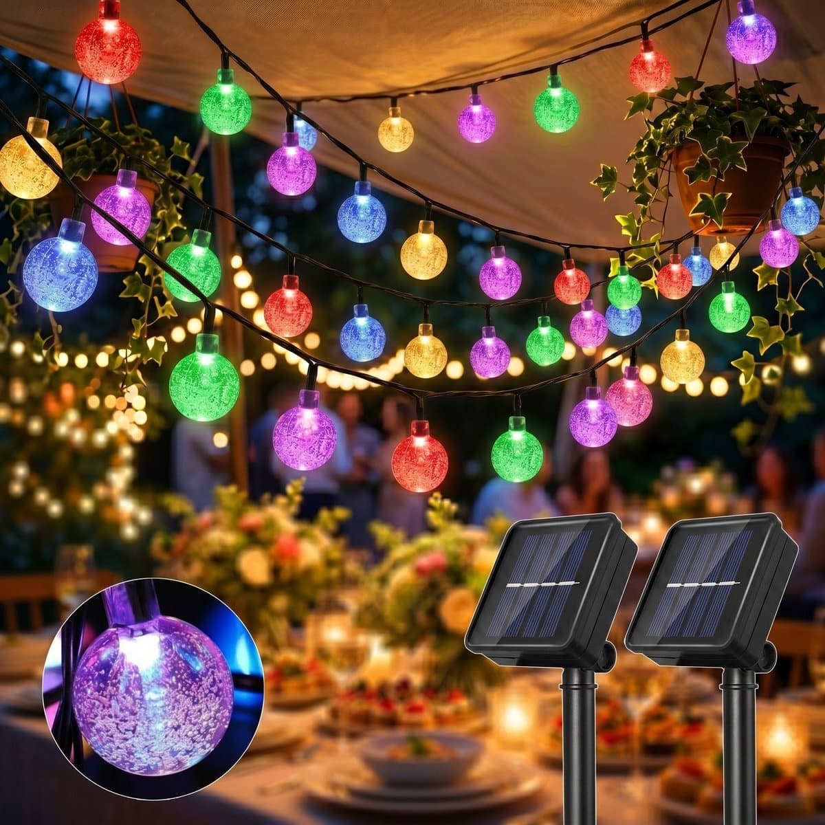 Rosnek 2 Stuks Solar Lichtsnoer Buiten - Lichtslinger met 50 LED Kristallen Bollen - 9.5 Meter - 8 Standen met Geheugenfunctie - Tuinverlichting op Zonne-energie - IP44 Waterdicht - Meerkleurig