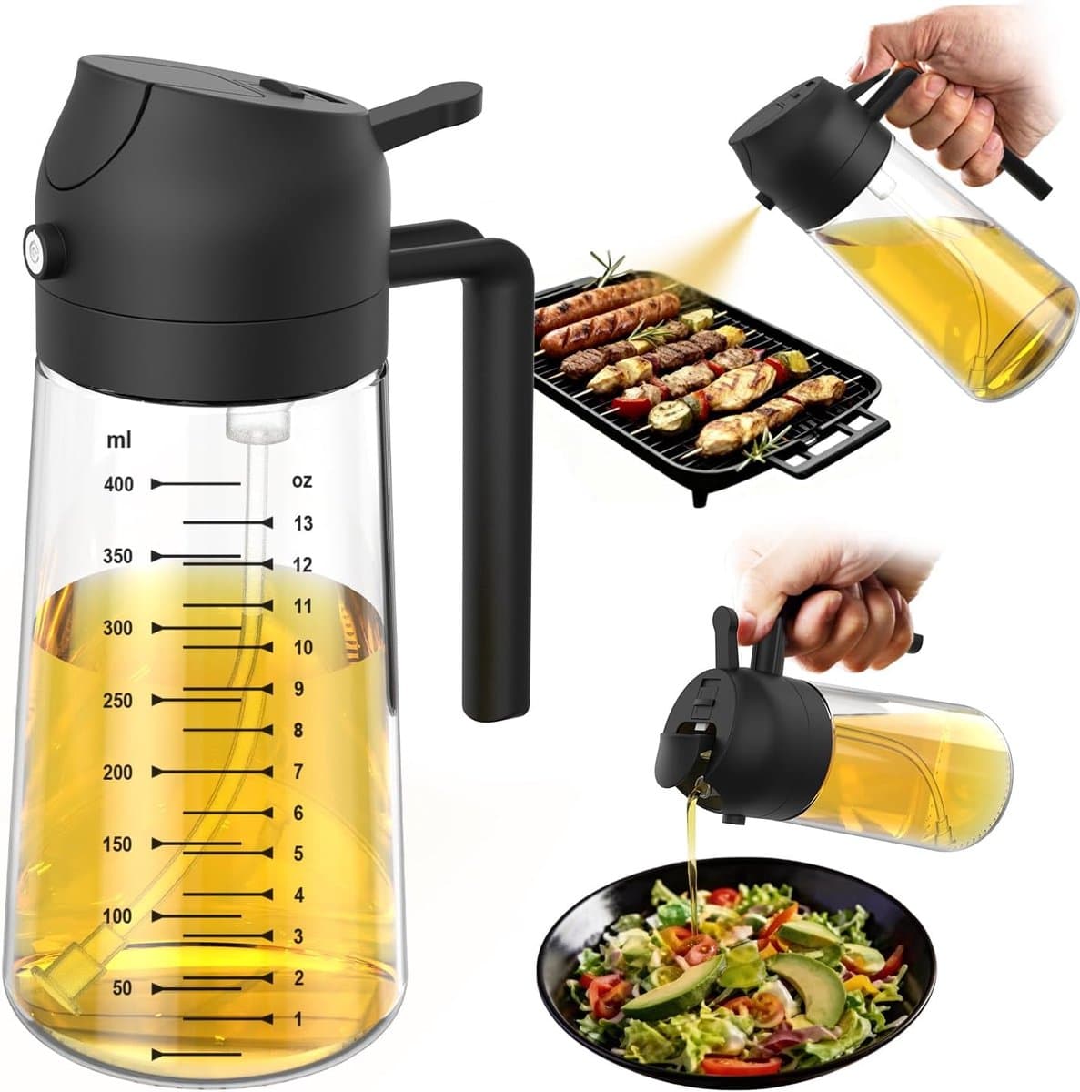 OLOEY 470 ml Glazen Olijfoliespuit — 2-in-1 Olijfoliedispenser voor in de keuken, airfryers, salades en BBQ — Zwart