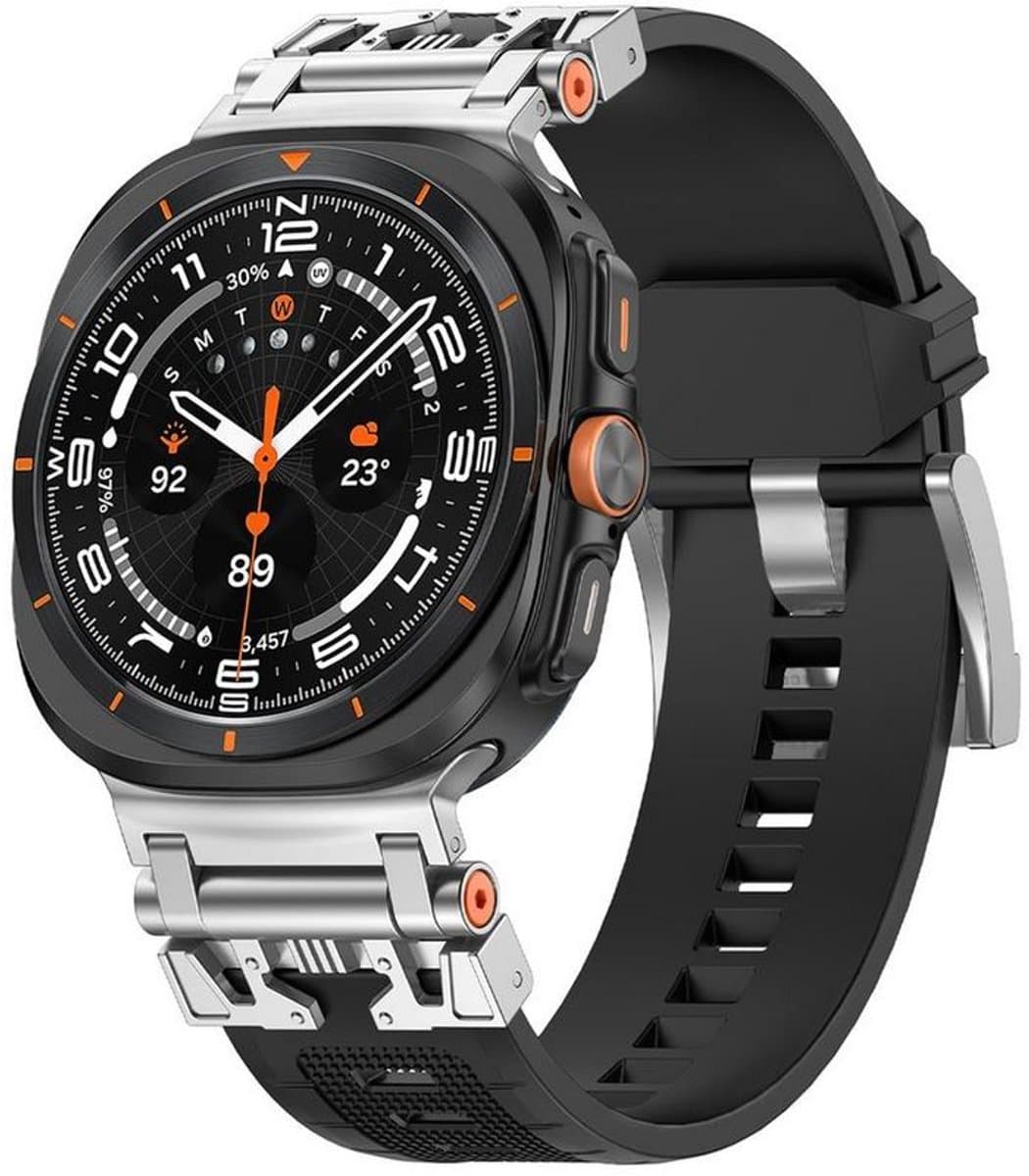 Sport Band voor Samsung Galaxy Watch Ultra 47 mm – Rugged Siliconen Horlogeband met RVS Connector - Zwart / Zilver