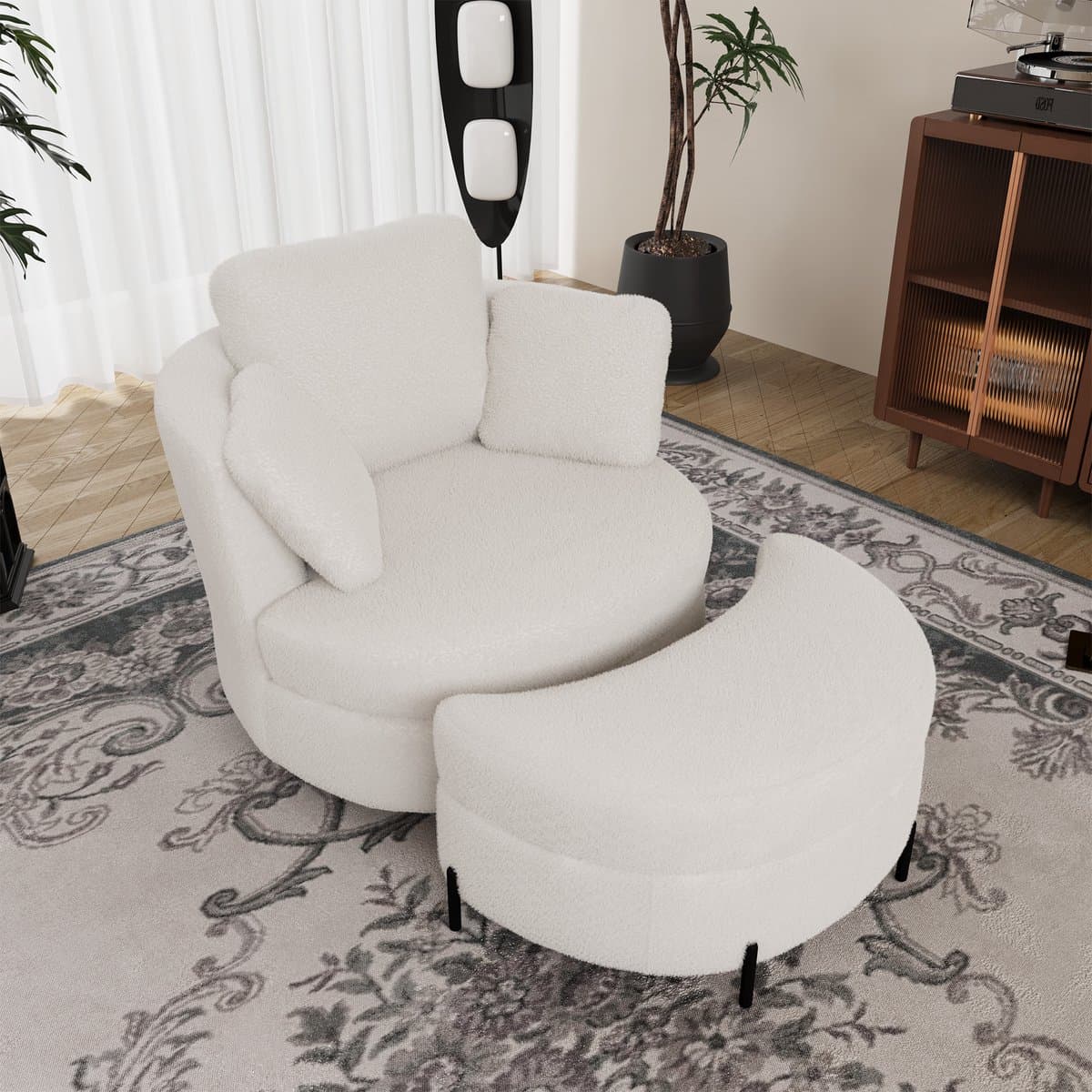 MODENUIT Draaifauteuil - Diepzits 360° Draaibaar Met Kussens - Voor Woonkamer En Slaapkamer - Chenille - Ivoor