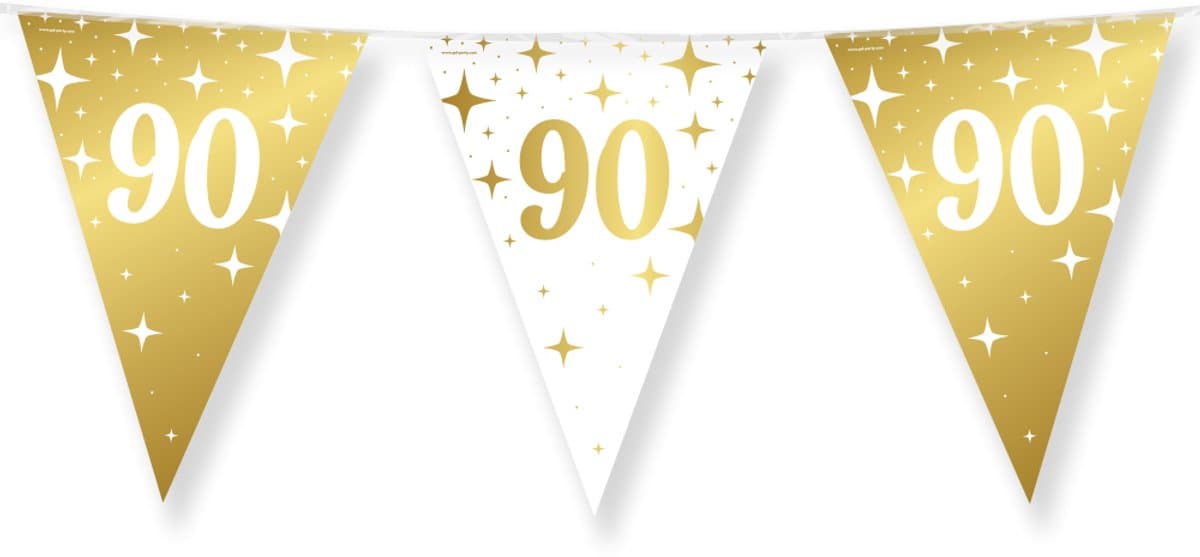 10 meter vlaggenlijn Wit/Goud folie - 90 jaar - 12 vlaggen - 30 cm - Dubbelzijdig gedrukt - Glimmende folie