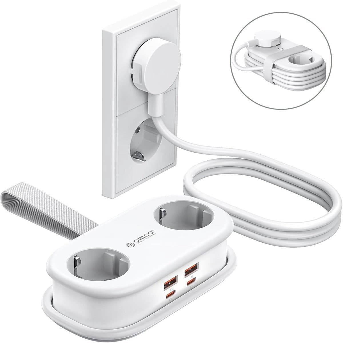 ORICO AP3 65W - Stekkerdoos - Reisstekkerdoos - GaN stekkerdoos – 6-in-1 platte stekker met stekkerdoos (2 stopcontacten + 4x USB-A/USB-C) – Kinderveilig – 1,6 m kabel – Compact – Voor MacBook, iPad, iPhone, laptop