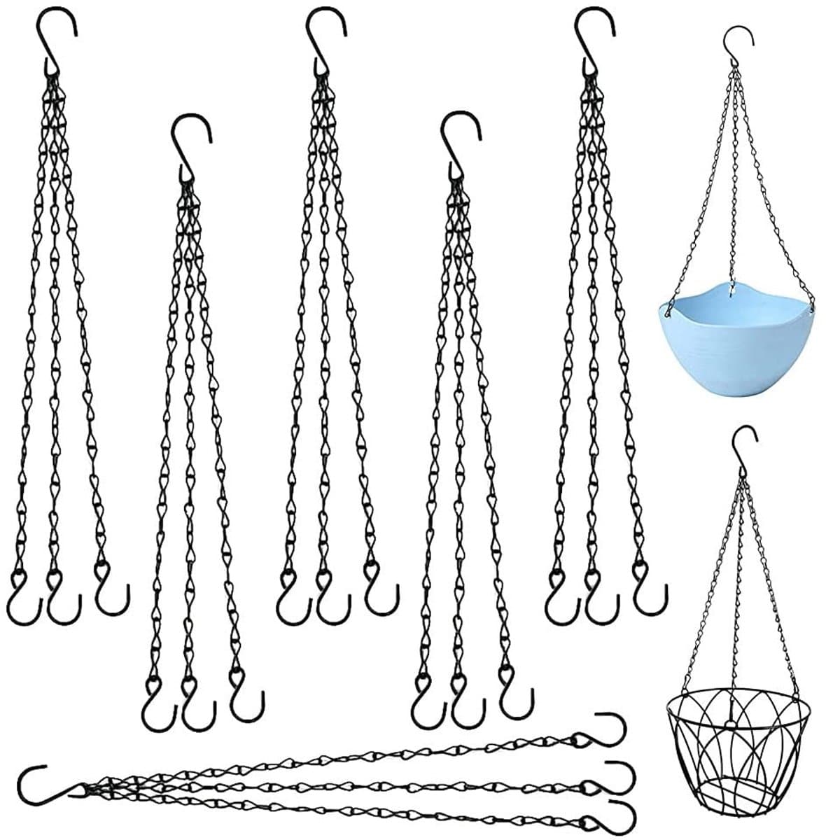 Dailygoods- Ophangketting 6 Stuks - Zwarte Metalen Ketting - Plantenhanger - Reserveketting - S-vormige Haak - Totale Lengte 425 mm
