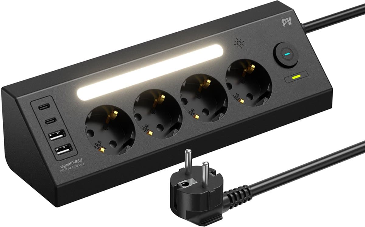 PureVolt Stekkerdoos met USB C en USB A - 4 Stopcontacten - 2x USB-C & 2x USB-A - Overspanningsbeveiliging 1050 Joule – LED Nachtlamp - 1,8 Meter Verlengsnoer - Zwart