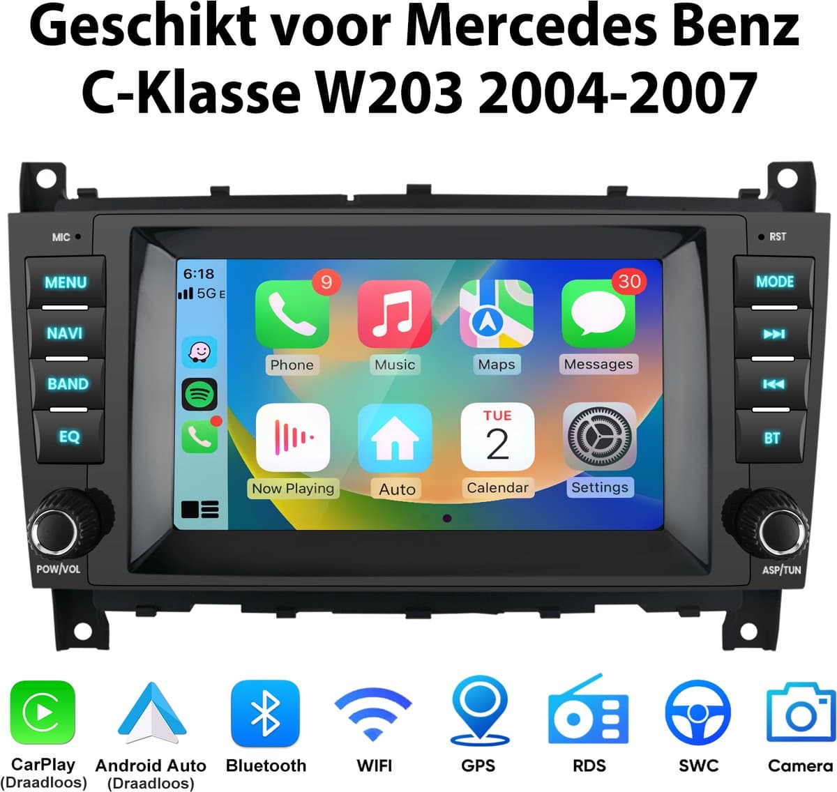 Junsun Android 15 Autoradio Geschikt Voor Mercedes Benz C-Klasse W203 2004-2007 Accessoires, 2GB+32GB, Draadloze CarPlay & Andriod Auto ,Bluetooth, GPS-navigatiesystem, 7-inch HD Touchscreen, SWC, WiFi, RDS, USB, DAB+, DSP, Quad-core processor