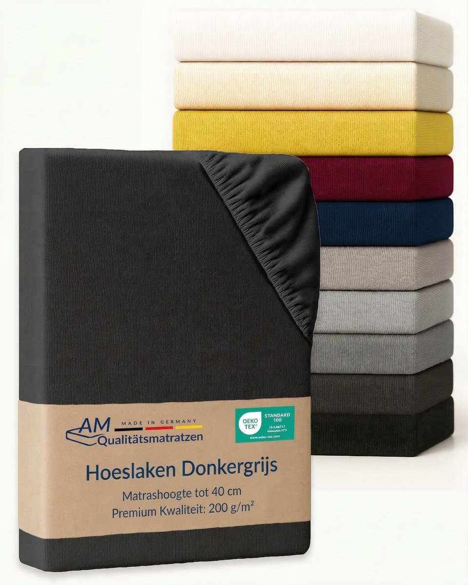 AM Qualitätsmatratzen Premium hoeslaken 150 x 220 cm boxspringbed (200gsm) in Donkergrijs - Made in Germany - OEKO TEX gecertificeerd topper hoeslaken - Jersey hoeslaken - Fitted Sheets