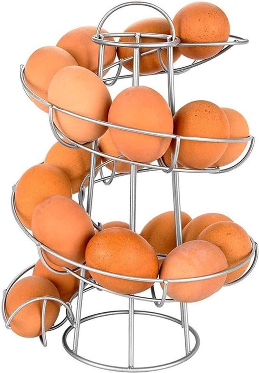 Eierrek voor koelkast - Keukenorganizer - Stapelbaar - Zilver - Ruimtebesparend - 24 stuks - Geschikt voor verse eieren - Modern ontwerp - Eieropslag Organizer, Spiraal Eierdispenser Rek Display voor Keuken (Zilver)