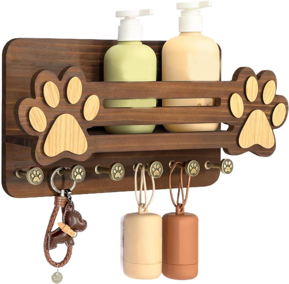 Hondenriemen houder - Sleutelhanger hanger - Huisdieren organiseren - Schattig pootontwerp - 6 Haken - Bruin