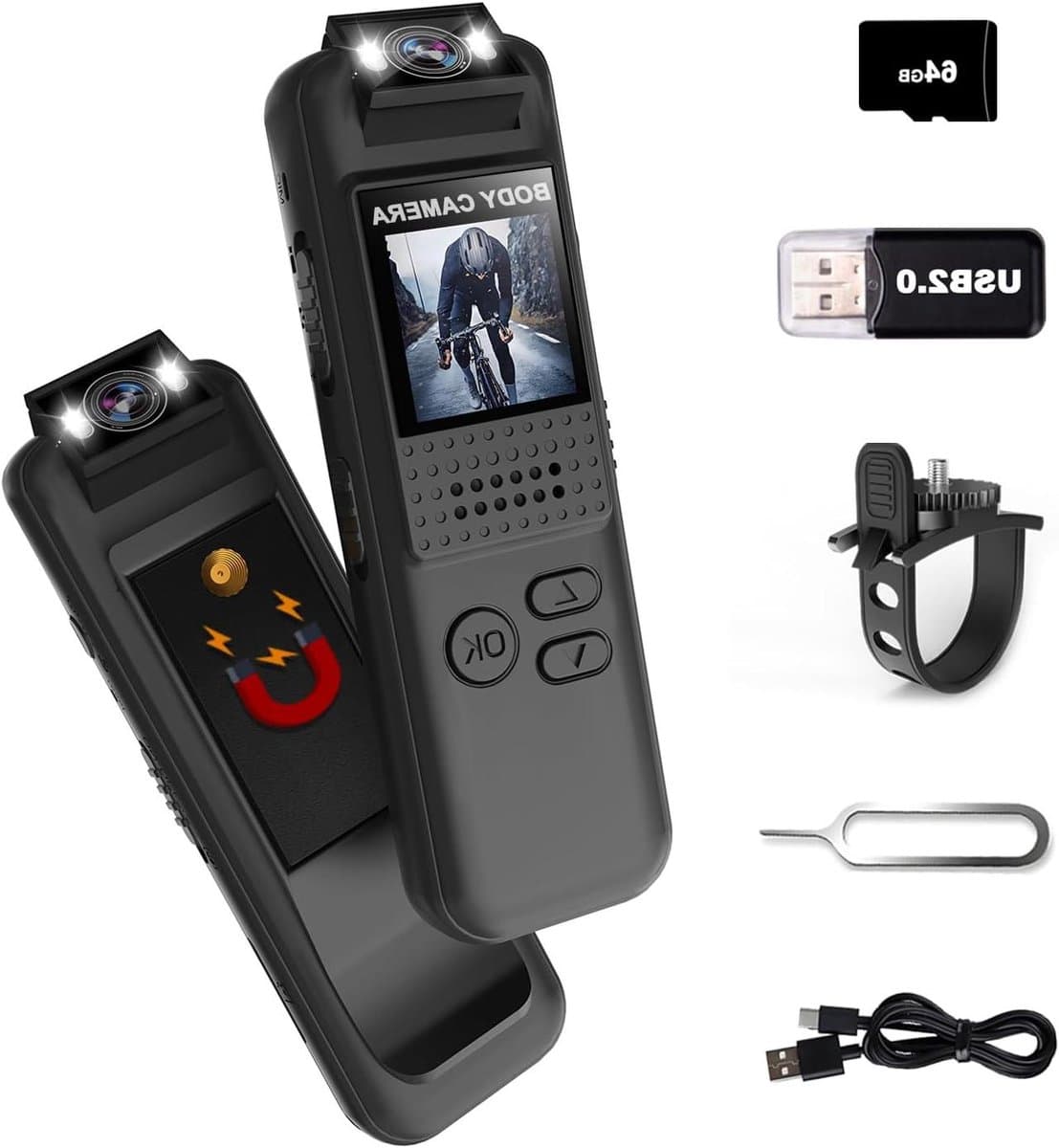Body Camera, Bextgoo 1080P FHD Mini Bodycam met 64GB Geheugenkaart, 180° Draaibare Lens, Ingebouwde Flitser, Helder Nachtzicht, Lus Opslag, Mini Actiecamera voor Reizen, Fietsen
