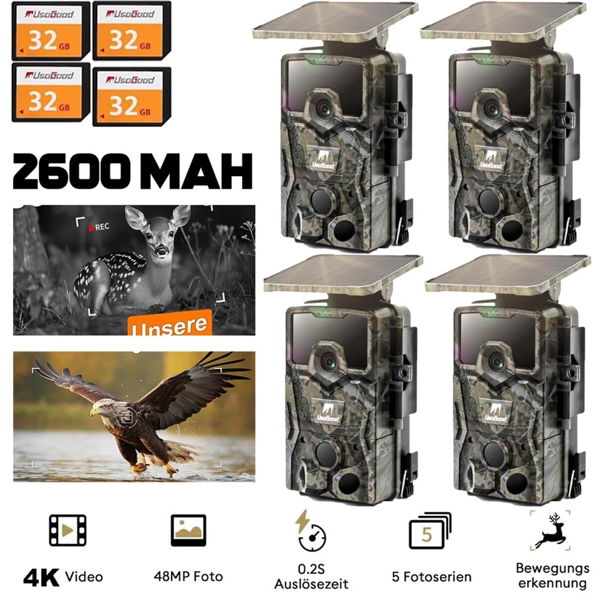 Usogood Wildcamera met Nachtzicht - 4K Ultra HD - Wildcamera met Zonnepaneel - Oplaadbare lithium-Accu - Bewegingsdetectie - Waterdicht - Incl. 32GB SD - 4 Stuks