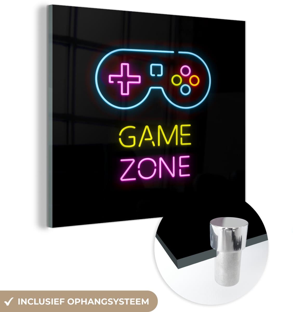 ® Glasschilderij 50x50 cm - Schilderij acrylglas - Controller - Game - Neon - Zwart - Quotes - Game zone - Foto op glas - Muurdecoratie woonkamer - Wanddecoratie slaapkamer - Schilderijen