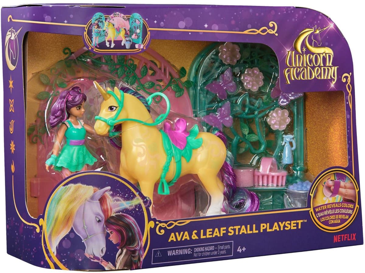 Unicorn Academy Ava&Leaf Stal Speelset - 11,4 cm Pop, 12,7 cm Eenhoorn, 15 Accessoires