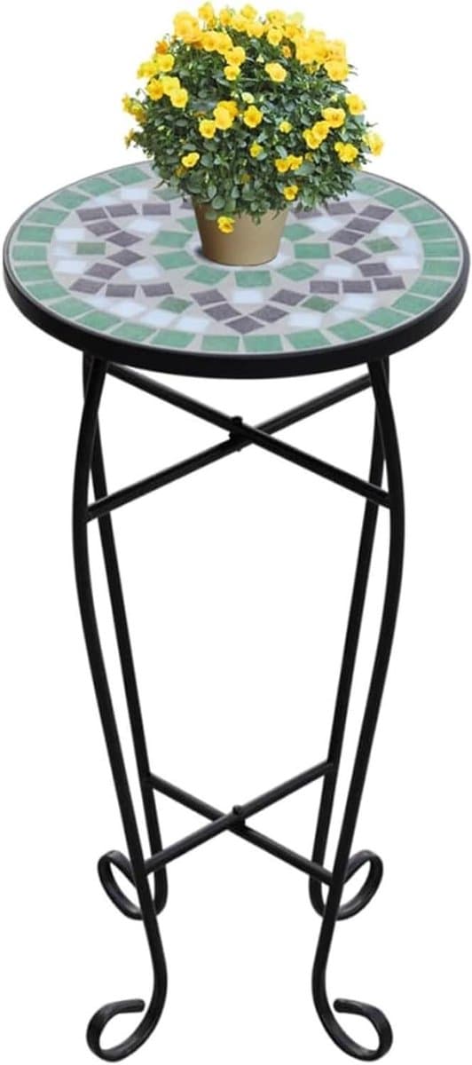 Mozaïek Tafel - Plantentafel Buiten - Decoratief Gebruik - Weerbestendig Tabletop - 30 cm Diameter - Groen Wit
