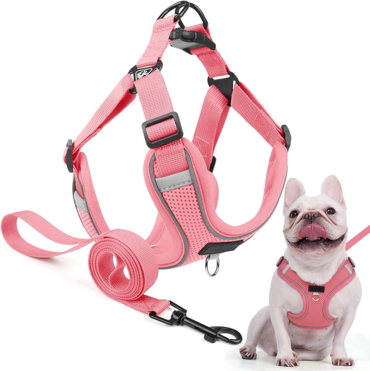 Verstelbare Reflecterende Hondenharnas met Gevoerde Vest en Leash, Perfect voor Wandelen en Training, Roze, Maat L, Comfortabel en Veilig